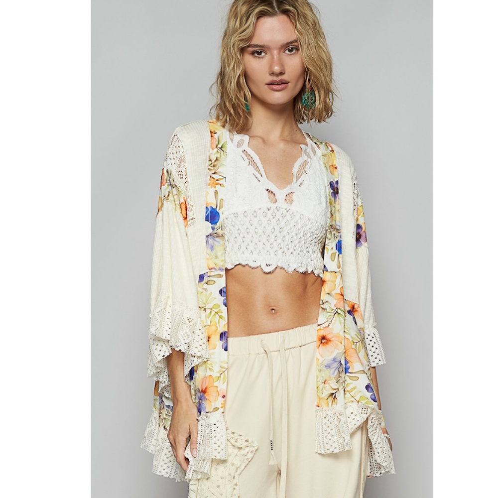 249. NWOT POL Floral Cream Lace Kimono